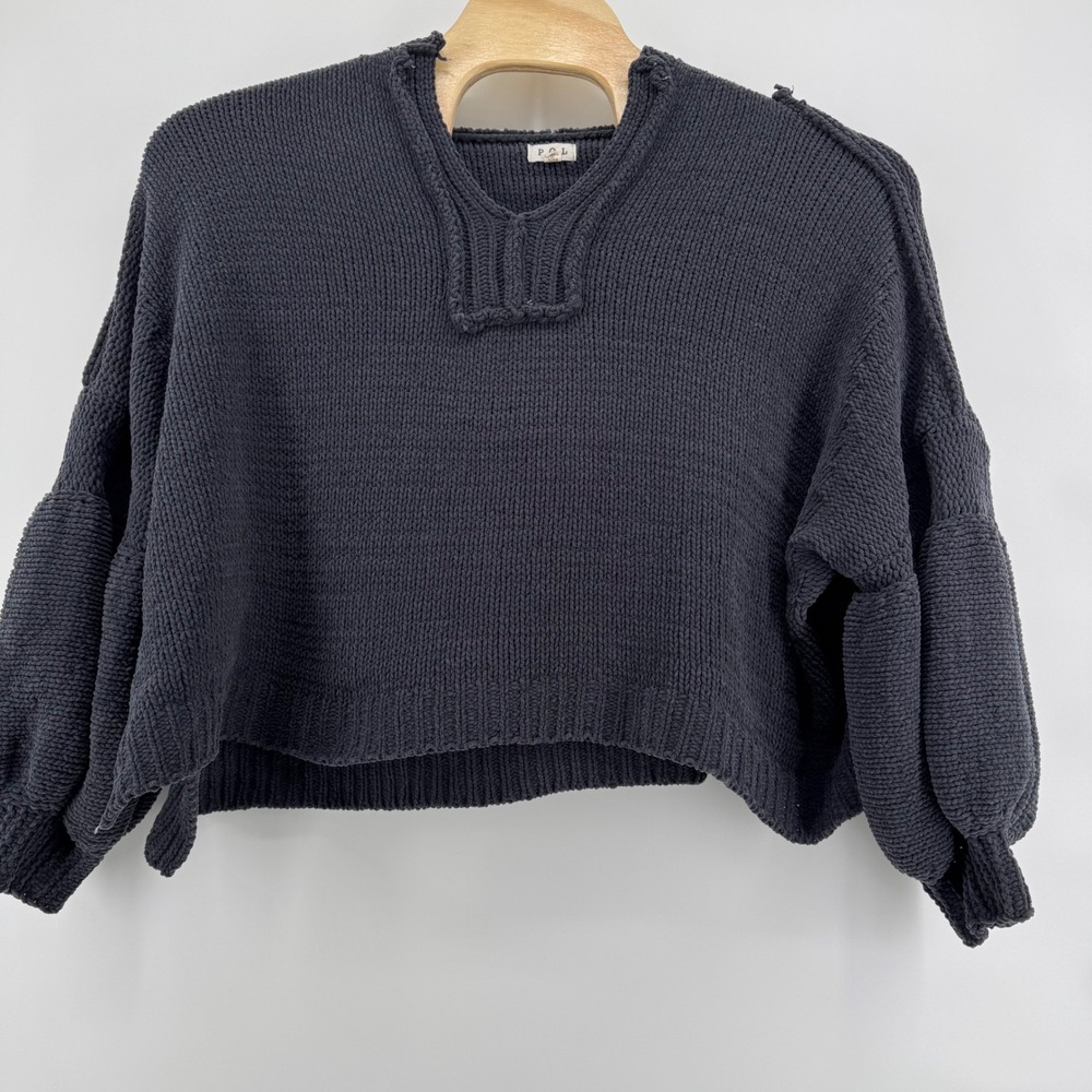 POL Cropped Hoodie Sweater Jrs S Charcoal Gray Balloon Sleeve Chunky Knit Boho